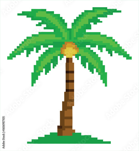 Retro pixel art palm tree with coconut. Ideal for use in tropical-themed video games, retro vacation or travel app icons, nostalgic summer merchandise, or pixel-style digital artwork evoking island 