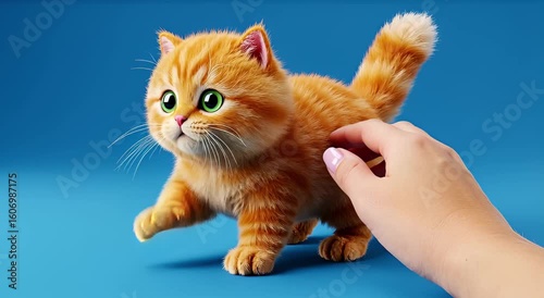 A ginger kitten, soft fur, and a hand reaching out