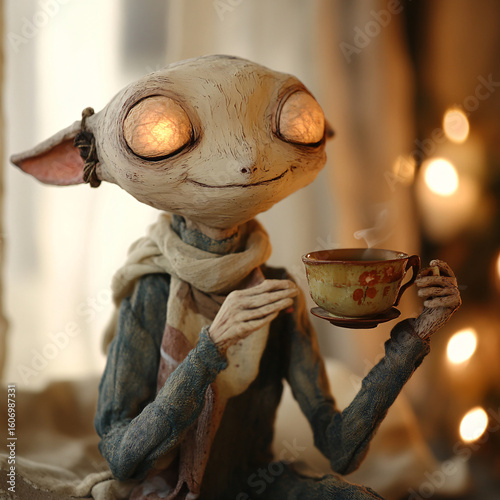 Fantasy clay creature with glowing eyes enjoying a warm drink in a cozy, softly lit indoor setting

