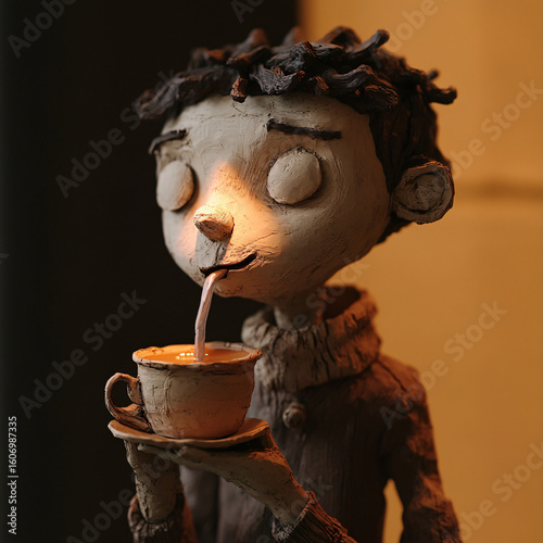 Whimsical clay figurine of a boy sipping hot chocolate from a cup in warm indoor lighting
