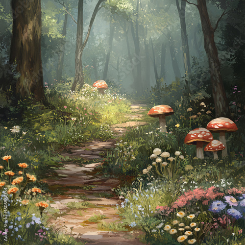 Fairytale forest trail with colorful wildflowers, red mushrooms, and dappled sunlight in a magical woodland
