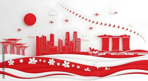 Celebrate Singapore Independence Day with this modern red and white illustration featuring iconic landmarks. Perfect for travel, holiday, and cultural themes.