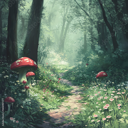 Fantasy forest pathway surrounded by giant red mushrooms and blooming flowers in magical morning light
