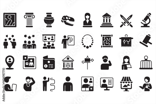 Collection of Black and White Icons Representing Culture, Education, and Government – Historical, Social, and Learning Symbols