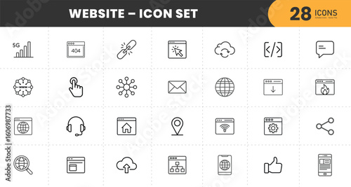  Modern Website Icon Set – 28 Thin Line Web & Internet Icons Including Cloud, 404 Error, Coding, Chat, SEO, and Connectivity in Minimal Style
