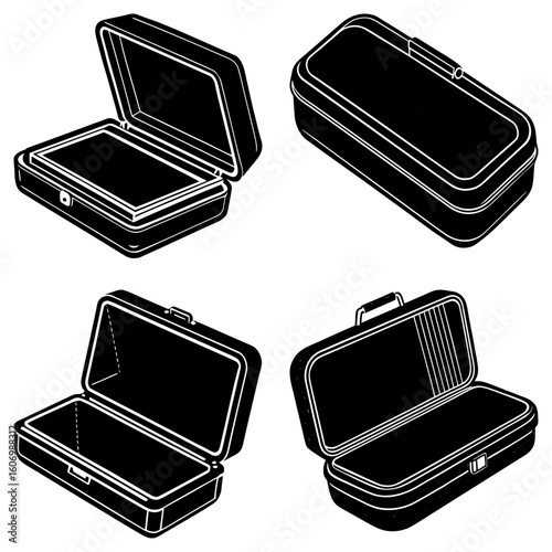 Four black and white illustrations of rectangular toolboxes in various open and closed positions shown here