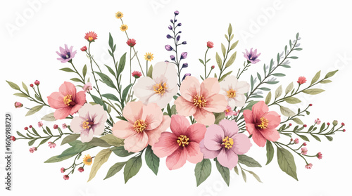 Delicate watercolor floral arrangement with pastel pink, white, and purple flowers and greenery.
