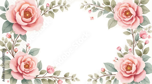 Delicate pink roses and green leaves form a charming frame, perfect for invitations or announcements.