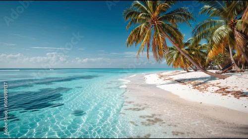 Palm beach and tropical sea on a sunny day. Beautiful view of the beach nature of the Seychelles. Exotic sea coast landscape with white sand and blue sky. Luxury resort background for summer vacation.