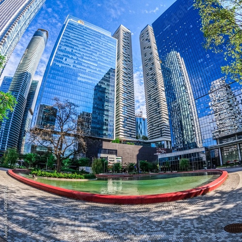 Photography fisheye view of tall buildings in toronto downtown