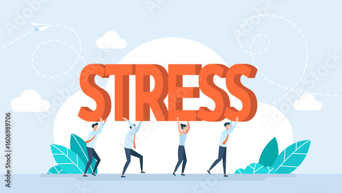 Business command bears the inscription Stress. Burnout. Communication of people in search of solutions to problems, collective thinking. Disagreement, conflict, teamwork problem. Vector illustration