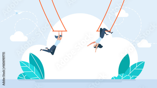 Two female trapeze artist performing in acrobatic circus aerial stunt. Businesswoman performs a difficult task. Trust, reliability, confidence, belief, entrust, commitment, faith. Vector illustration
