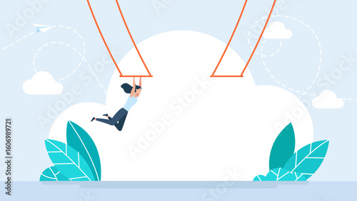 A businesswoman performs a difficult task. Jumping from one trapeze to another. Female acrobat performs on trapeze. Brave and agile. Circus show event entertainment. Vector illustration