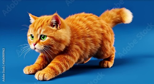 Orange cat stretching on a blue background