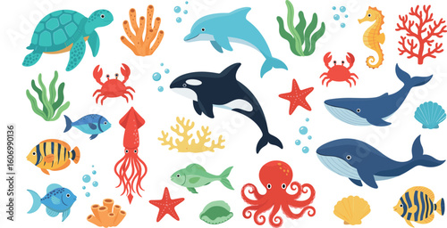 Hand drawn sea animals set. Wild marine life, seashells, fish, seaweed and corals
