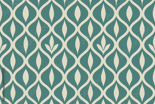 Teal and cream geometric trellis pattern with floral accents