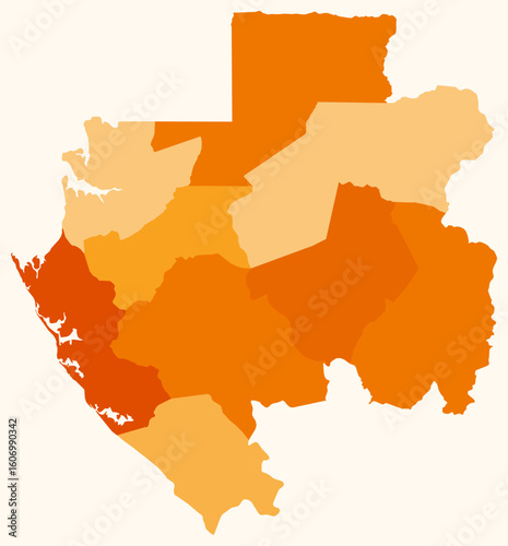 Map of Gabon with regions. Just a simple country border map with region division. Orange color palette. Blank Gabon shape with administrative division. Vector illustration.