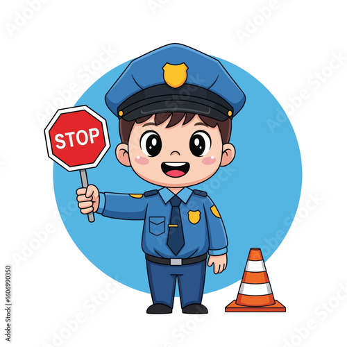 Policeman Holding a Stop Sign with a Traffic Cone Vector Illustration