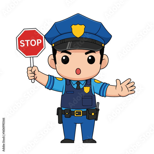 Policeman Holding a Stop Sign with a Traffic Cone Vector Illustration