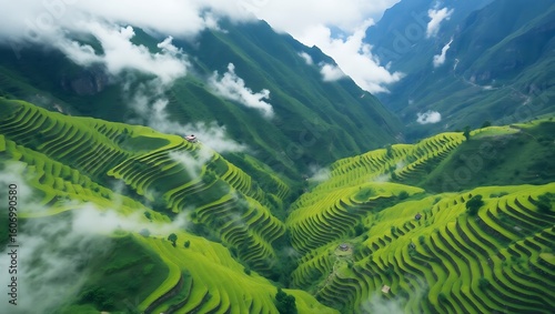 Lush green terraced mountainside with wisps of clouds