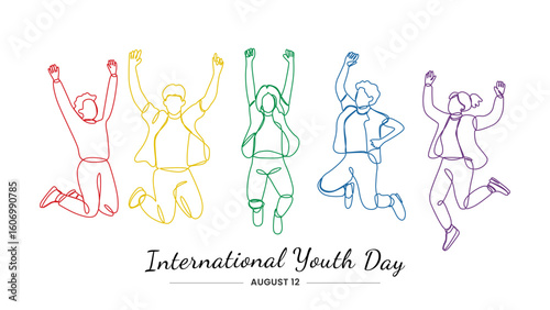 Illustration Celebrating International Youth Day with Diverse Jumping Figures in Colors