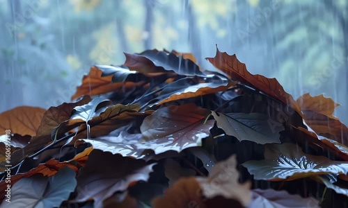 Rain falling on autumn leaves in forest
