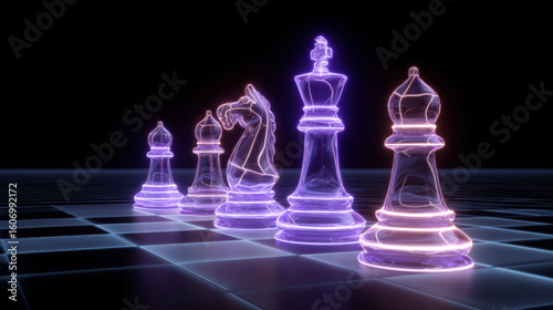 Abstract chess pieces made of glowing neon lines on a dark digital grid background 