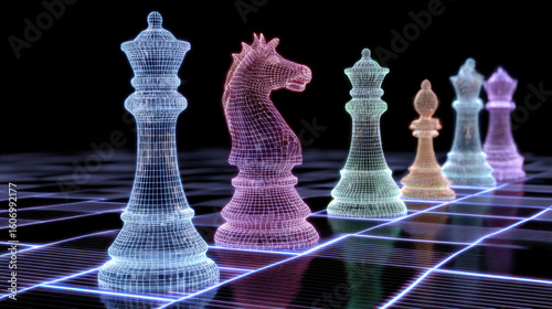 Abstract chess pieces made of glowing neon lines on a dark digital grid background 