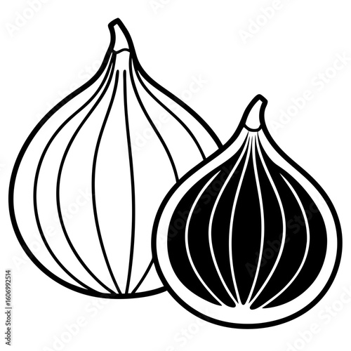 Vector art of two stylized figs, one whole one halved, on white