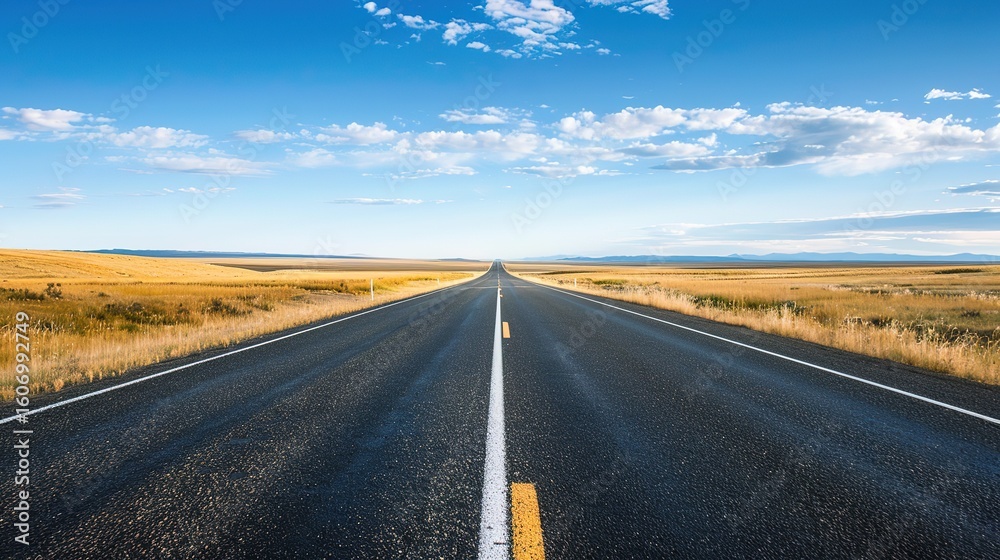 Naklejka premium Endless Horizon: Crisp A straight asphalt road Imagery – Smooth, Jet-Black Pavement Stretching to the Distance, White Lane Markings, Flanking Greenery Edges, and Sunlight Glinting Off the Surface in