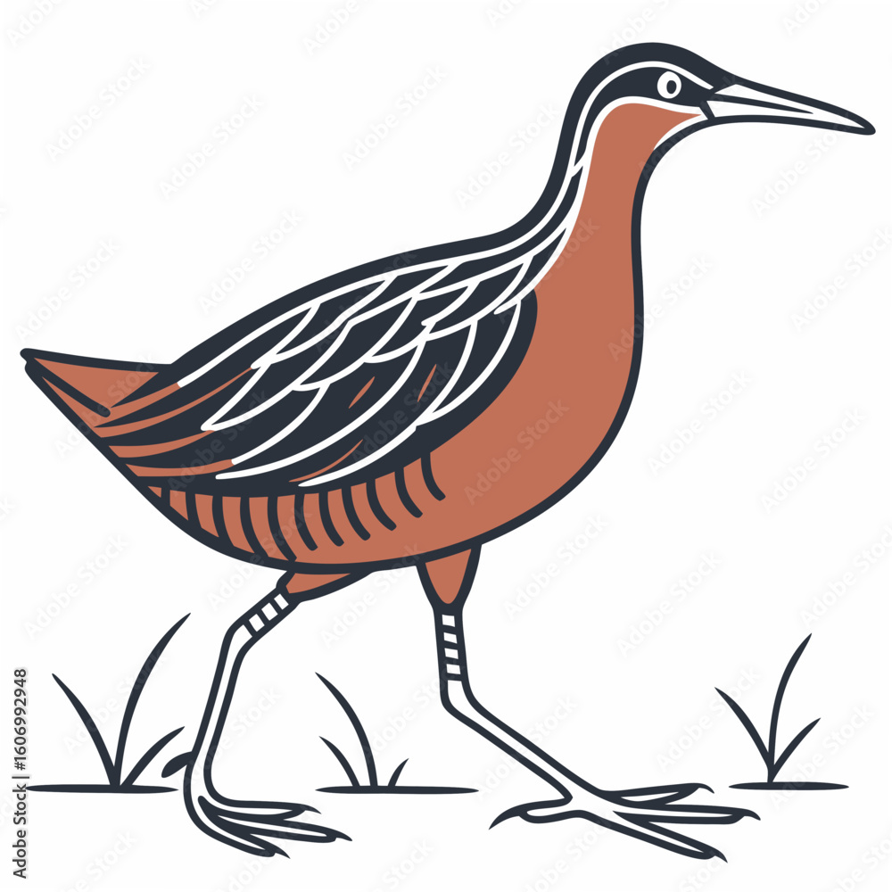 Fototapeta premium Vector art of a stylized bird with brown plumage walks on grass