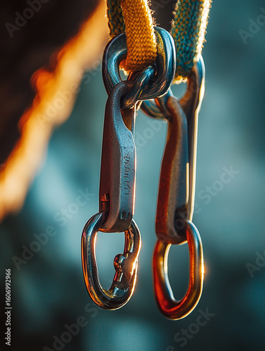 Climbing carabiners clipped together on a vibrant rock face during an outdoor adventure