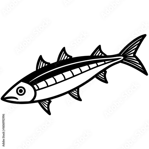 Vector art of a stylized black white illustration of a mackerel fish