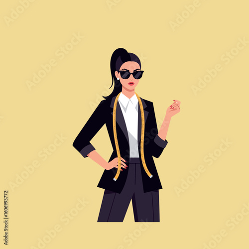 A confident female fashion designer or tailor in a black suit with a measuring tape.