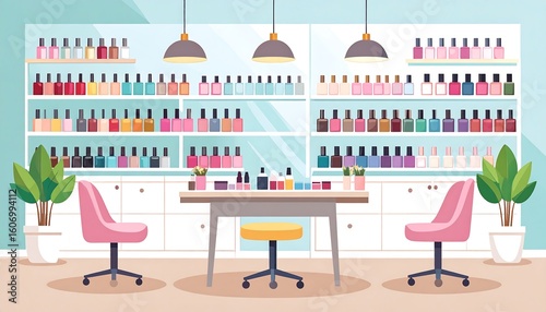 Interior of a nail salon.  Colorful nail polish