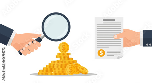 Financial Audit and Business Contract Review with Money and Magnifying Glass