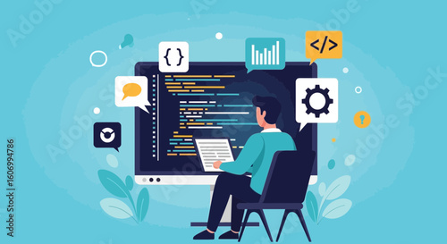 Software Developer Programming Code on Computer Screen Illustration