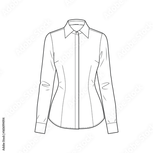 Womens Fitted Long Sleeve ButtonDown Shirt Technical Fashion Flat Sketch Drawing