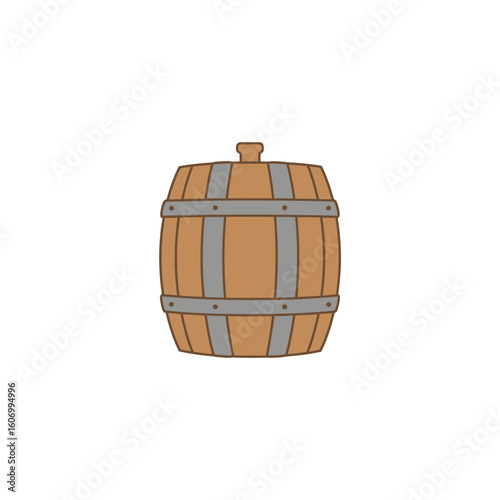 Classic brown wooden barrel illustration with grey metal hoops and a top bung.