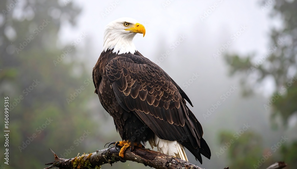 Obraz premium Bald eagle perched in misty forest