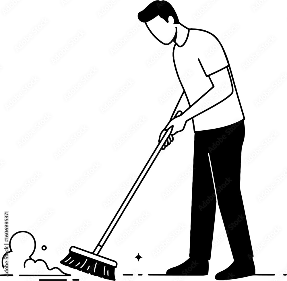 A person cleaning the floor using a broom in a simple line art. A person cleaning the floor using a broom in a simple line art.