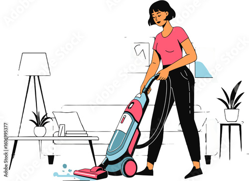 A woman diligently vacuums the floor in her home.