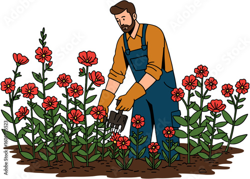 Gardener tending to blooming flowers in garden