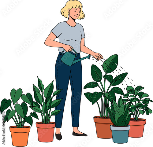 A woman tending her indoor plants, watering them with a gentle hand.