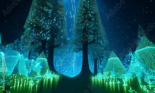 Glowing forest with lightning and magical energy