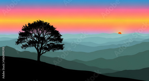 Chromatic Dawn: The Dramatic Silhouette of a Lone Tree Standing Proud Against a Spectrum of Sunrise Colors