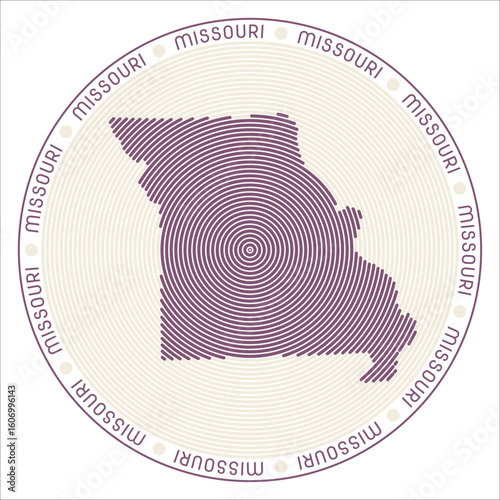 Missouri round logo design. State shape build of rings. Missouri text around the state. Vector Illustration.