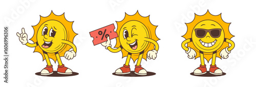 Vibrant sun mascot with playful poses including pointing, winking with ticket, and cool sunglasses style. Perfect for summer, promotions, kids and positive branding. Dynamic joyful vector illustration