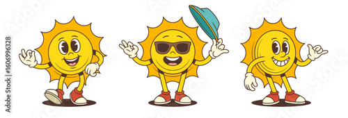 Smiling sun mascot in poses including waving, holding a beach umbrella, and giving a thumbs-up. Ideal for summer campaigns, kids content, vacation ads, and fun brand visuals