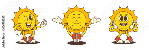 Smiling sun mascot in energetic poses including winking and pointing, giving double thumbs-up and welcoming with open arms. Great for kids content, educational designs, branding and seasonal campaigns